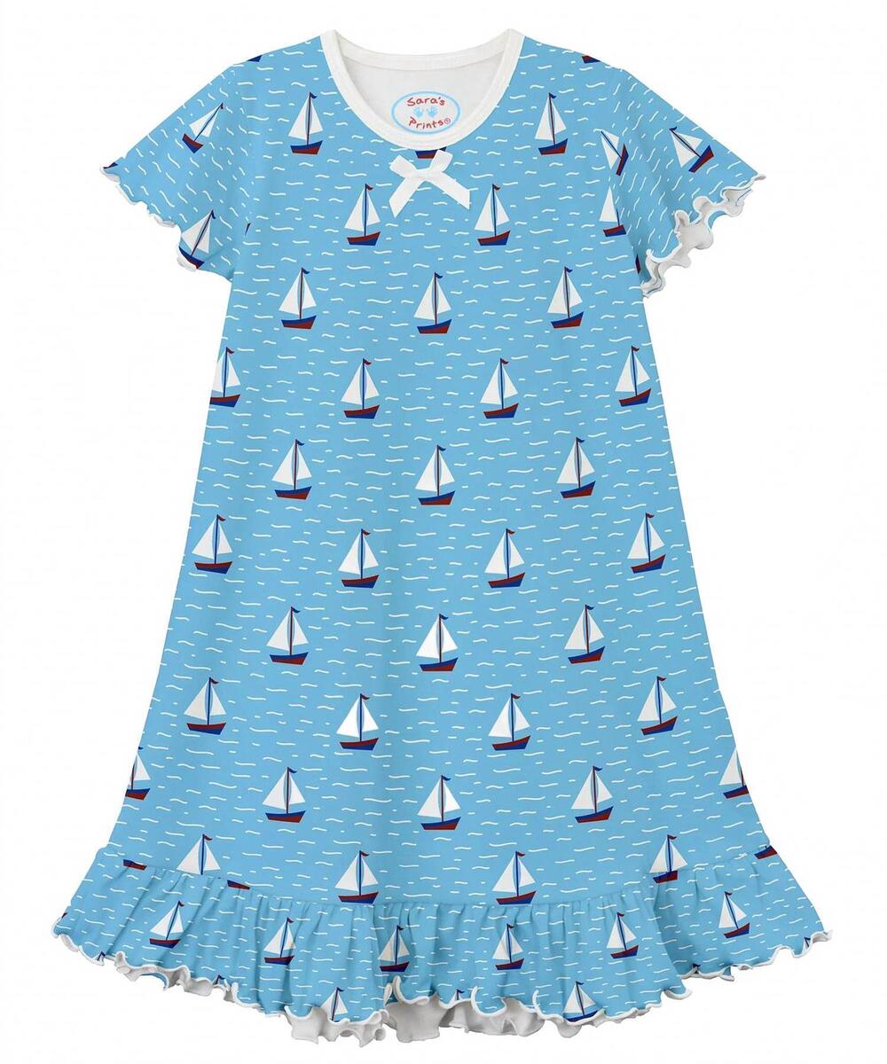NEW SARA'S PRINTS girl's sailboat ruffled short sleeve gown in blue